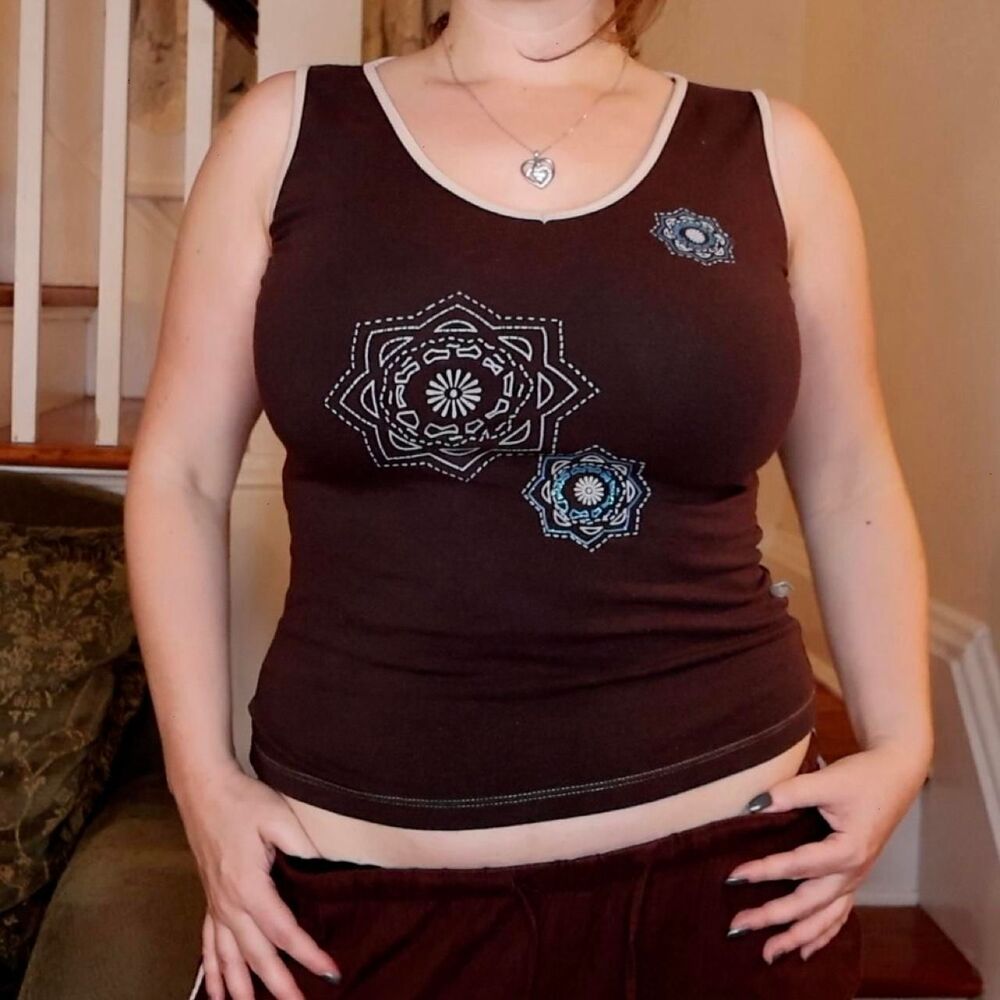 Y2K Mandala Brown Tank Top Sz Medium DX Disex Boho Earthy Blue White Trim